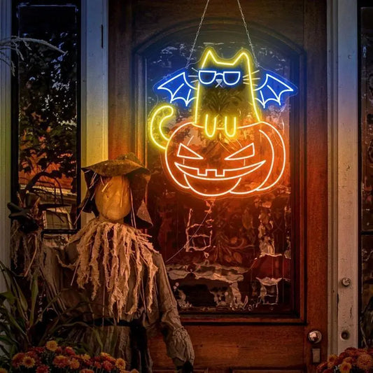 Pumpkin Cat Neon Sign, Cat Led Lights, Halloween Cat Neon LED, Cat Light Sign Wall Decor, Pumpkin LED Sign Bedroom, Halloween Decor - T3165 FYLZGO Signs