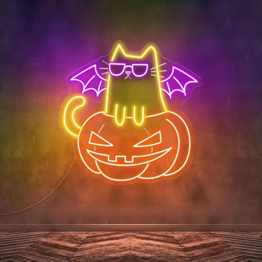Pumpkin Cat Neon Sign, Cat Led Lights, Halloween Cat Neon LED, Cat Light Sign Wall Decor, Pumpkin LED Sign Bedroom, Halloween Decor - T3165 FYLZGO Signs