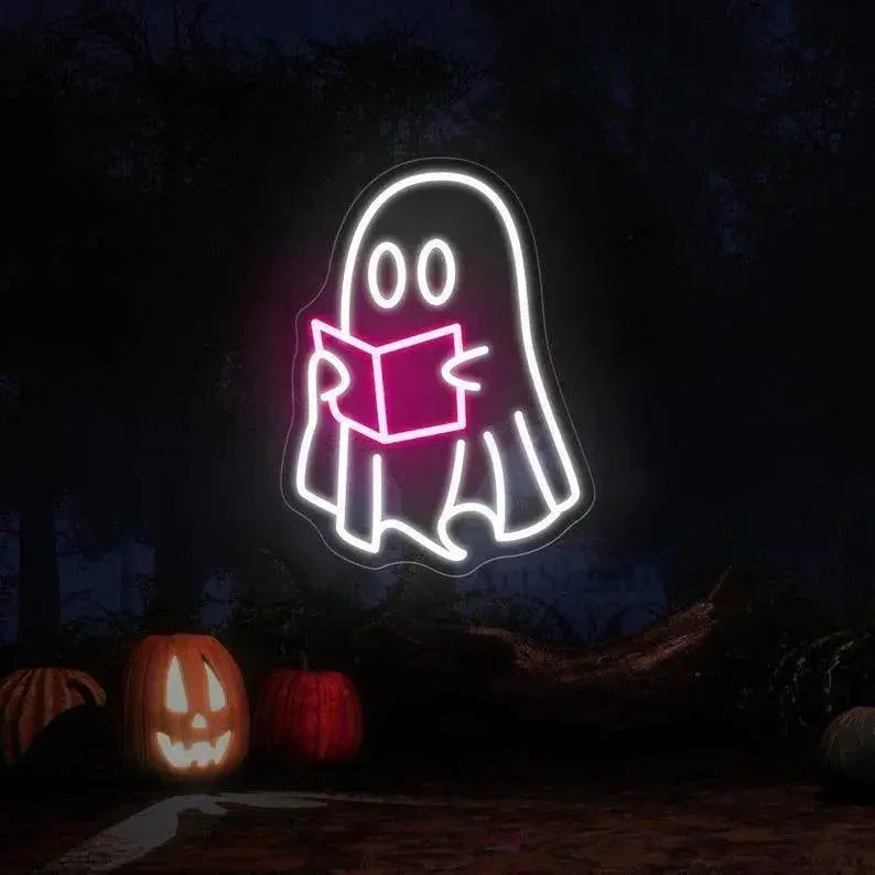 Ghosts Reading Neon Sign,Spooky Halloween Ghost Sign, Funny Ghosts Neon Sign,Halloween Wall Decor, Halloween Party Decor, Book Lover Gift FYLZGO Signs