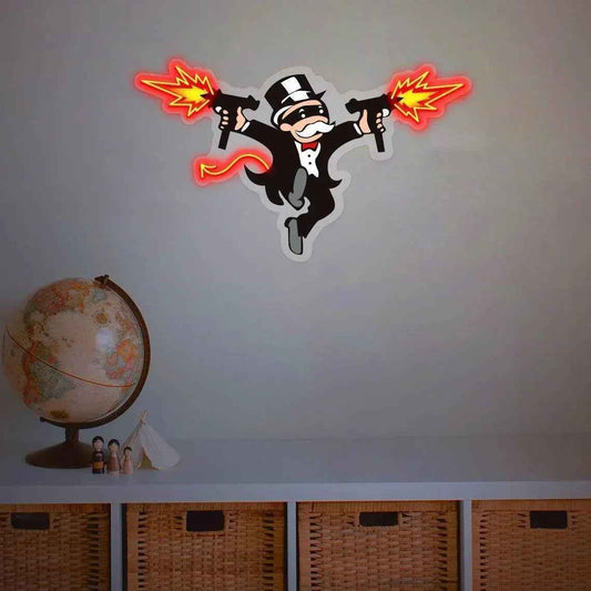 Monopoly Neon Sign, The Uncle Devil With Gun Neon Light Wall Art, UV Print Acrylic Led Neon Sign
