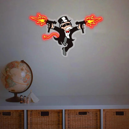 Monopoly Neon Sign, The Uncle Devil With Gun Neon Light Wall Art, UV Print Acrylic Led Neon Sign LED Sign Club