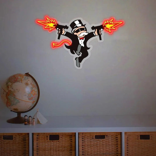 Monopoly Neon Sign, The Uncle Devil With Gun Neon Light Wall Art, UV Print Acrylic Led Neon Sign LED Sign Club