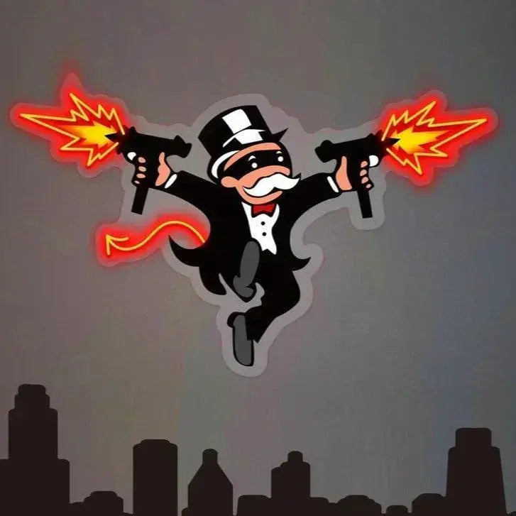 Monopoly Neon Sign, The Uncle Devil With Gun Neon Light Wall Art, UV Print Acrylic Led Neon Sign LED Sign Club