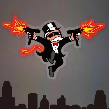 Monopoly Neon Sign, The Uncle Devil With Gun Neon Light Wall Art, UV Print Acrylic Led Neon Sign LED Sign Club