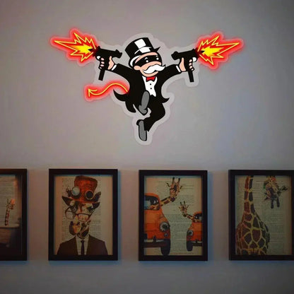 Monopoly Neon Sign, The Uncle Devil With Gun Neon Light Wall Art, UV Print Acrylic Led Neon Sign LED Sign Club