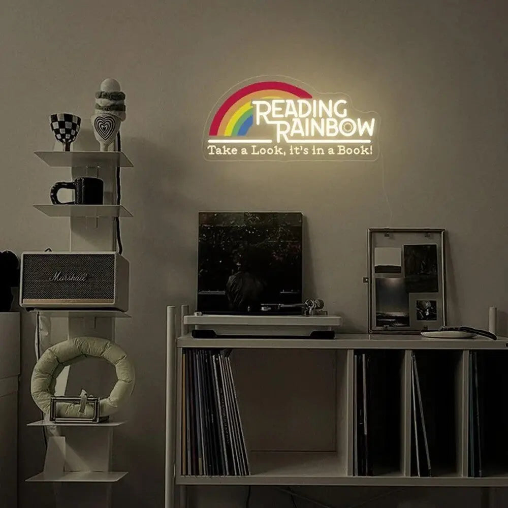 Reading Rainbow Neon Sign Take A Look It's in A Book Reading Room Sign FYLZGO