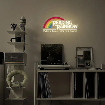 Reading Rainbow Neon Sign Take A Look It's in A Book Reading Room Sign FYLZGO