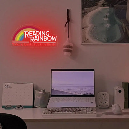 Reading Rainbow Neon Sign Take A Look It's in A Book Reading Room Sign FYLZGO