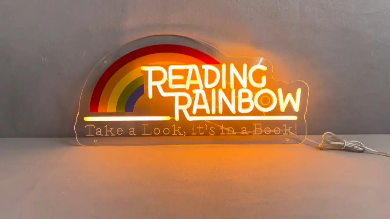 Reading Rainbow Neon Sign Take A Look It's in A Book Reading Room Sign FYLZGO