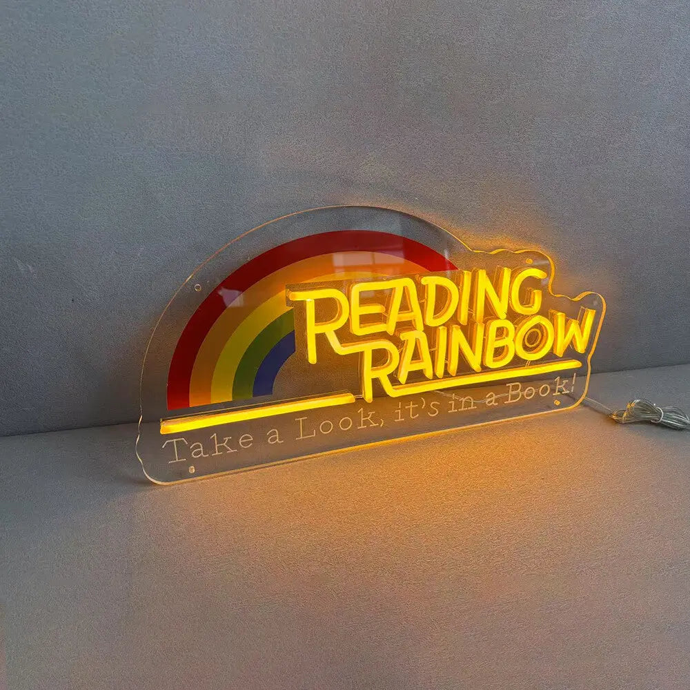 Reading Rainbow Neon Sign Take A Look It's in A Book Reading Room Sign FYLZGO