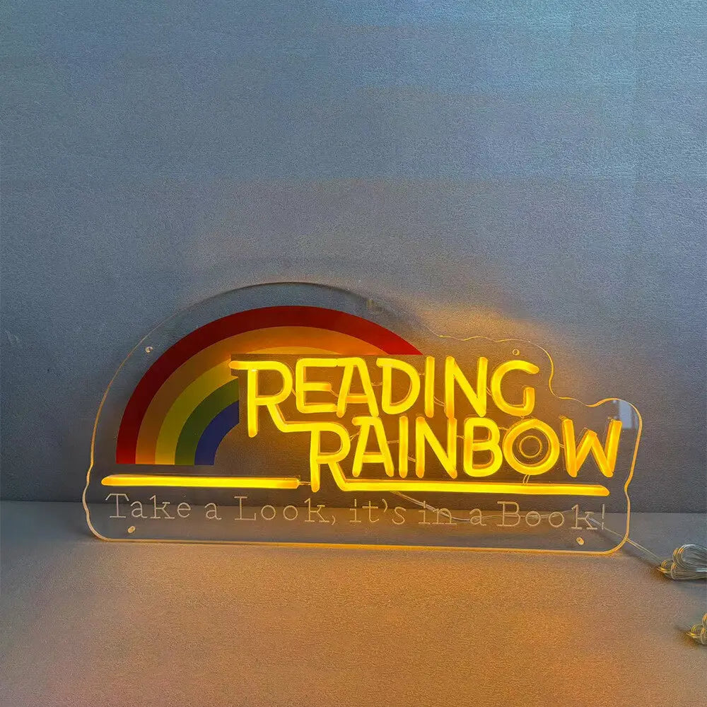 Reading Rainbow Neon Sign Take A Look It's in A Book Reading Room Sign FYLZGO